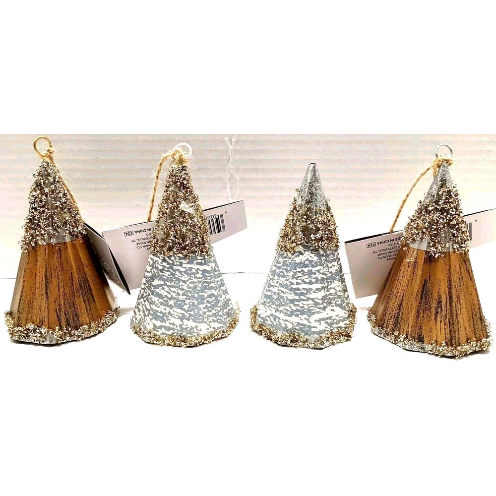 Sparkly Cone Christmas Bell Tabletop Tree Ornaments, Lot of 4 New As Is